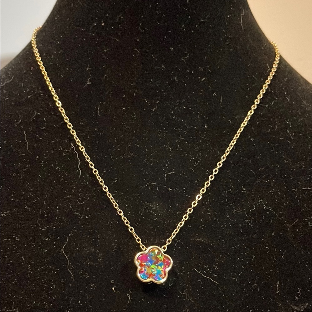Dainty Gold Necklace with Vibrant Flower Pendant 16”/ 2” Ext NWT